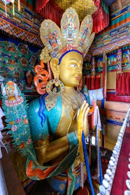Statue depicting Maitreya at the Thikse Monastery in Ladakh, Ind